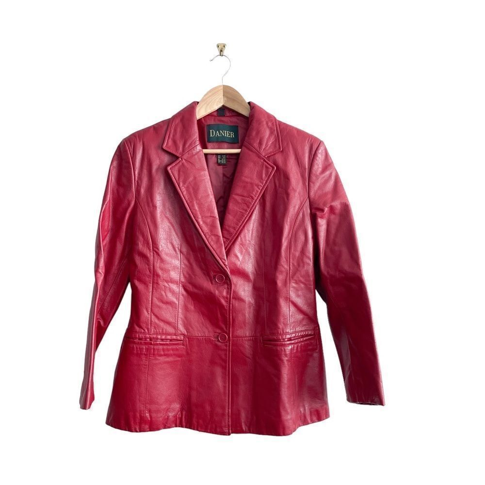 Danier Red Leather Blazer Fitted Women's S Vintage Jacket Lined Notched Lapels